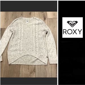 Roxy cable knit sweater, oatmeal, hi-lo hem, XS